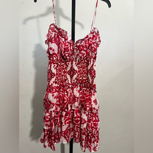 Luxxel Red and White Smocked Bodice Layered Mini Dress - Picture 5 of 9